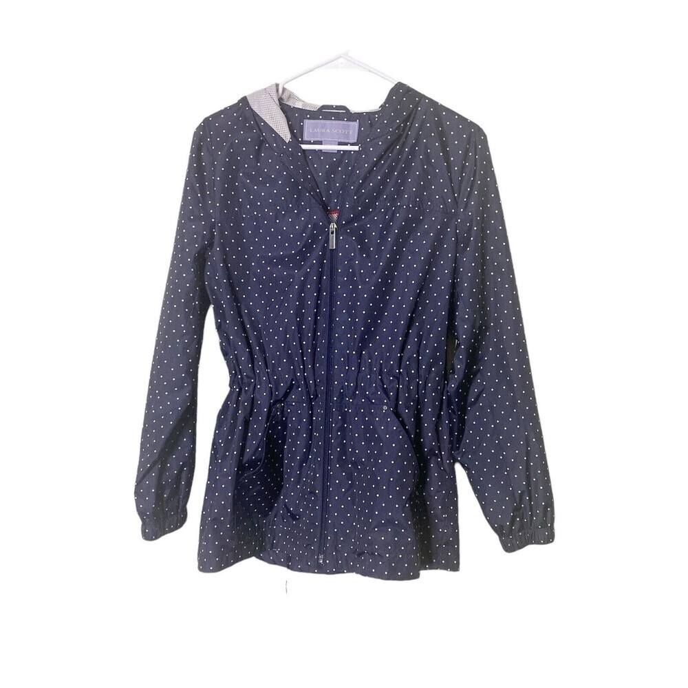 Laura Scott Jacket Womens Small Blue Polk A Dot Lightweight Full Zip Hooded